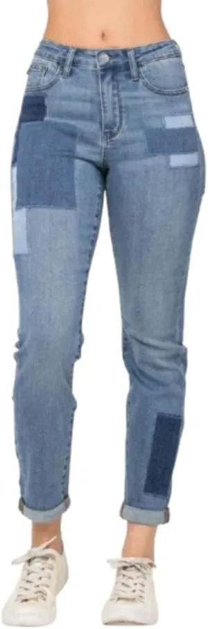 Judy Blue High Waist Double Rolled Cuff Patch Boyfriend Jeans for Women - 88499
