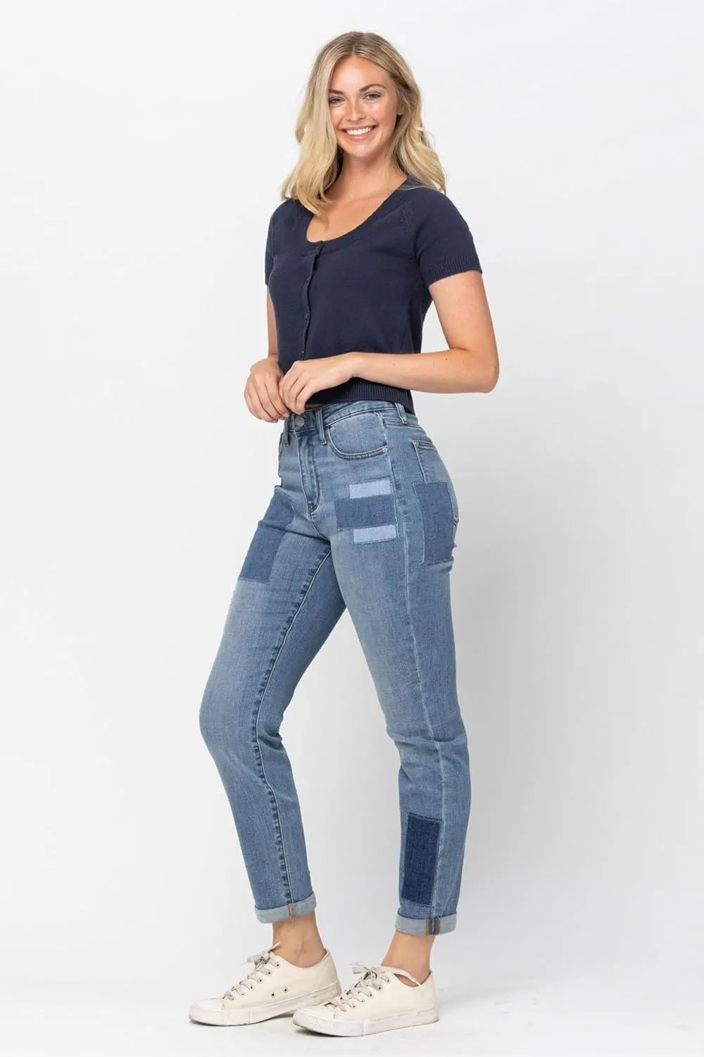 Judy Blue High Waist Double Rolled Cuff Patch Boyfriend Jeans for Women - 88499
