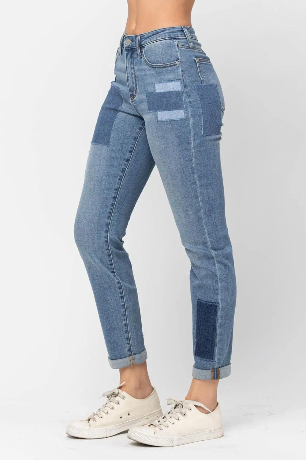 Judy Blue High Waist Double Rolled Cuff Patch Boyfriend Jeans for Women - 88499