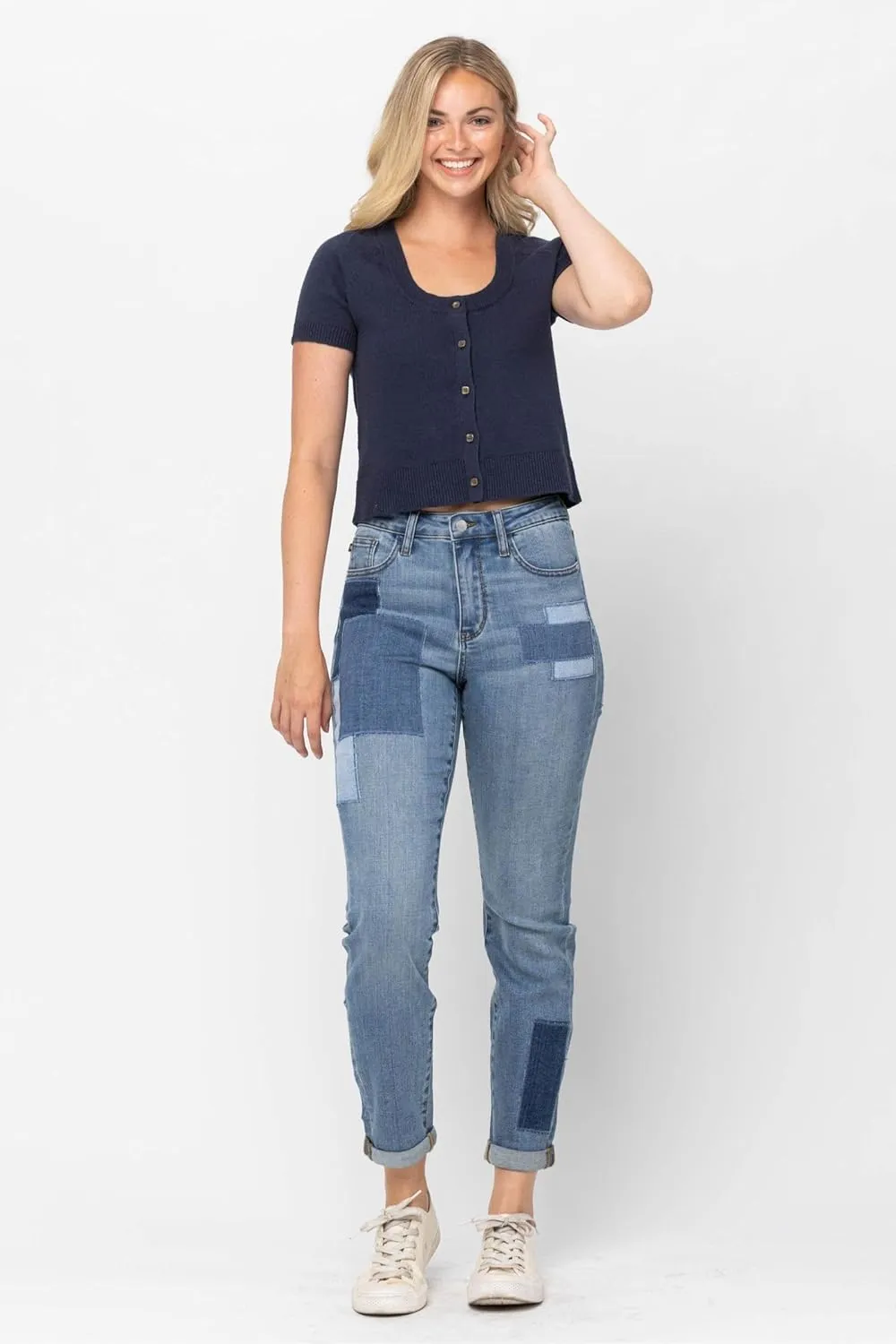 Judy Blue High Waist Double Rolled Cuff Patch Boyfriend Jeans for Women - 88499