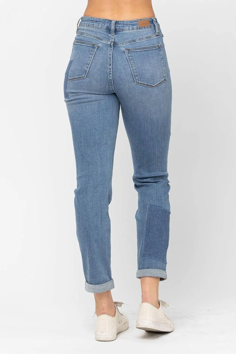Judy Blue High Waist Double Rolled Cuff Patch Boyfriend Jeans for Women - 88499