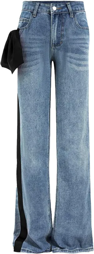 Kedera Women High Waisted Bow Jeans Casual Straight Leg Patchwork Baggy Boyfriend Pants Spring 2025 Denim Jean Trousers