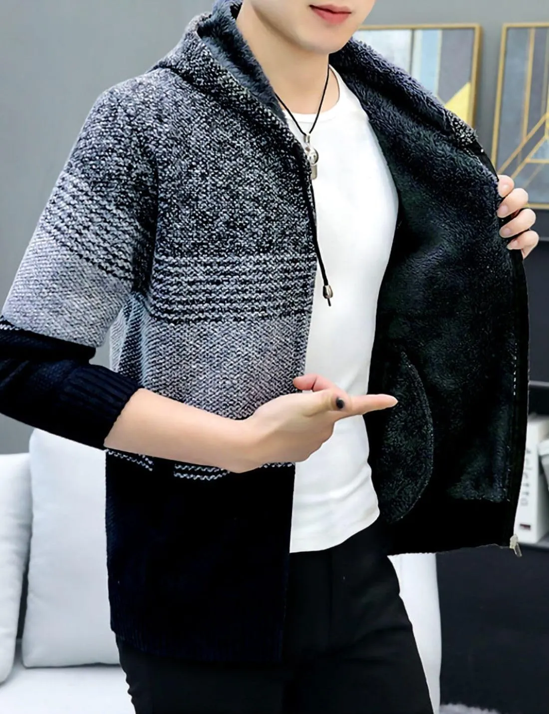 Kinkia Men's Zip Up Hoodies Casual Long Sleeve Full Zipper Sherpa Fleece Lined Knit Cardigan Sweater Jacket with Pockets