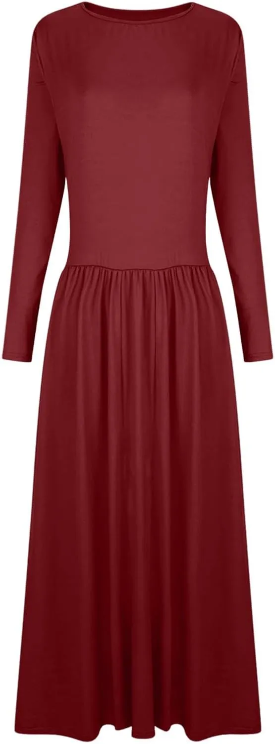 Ladies Dresses Fitted Lounge Boat Neck Long Sleeve Pleated Swing Maxi Funeral Dress Petite Summer Outfit for Women 2025