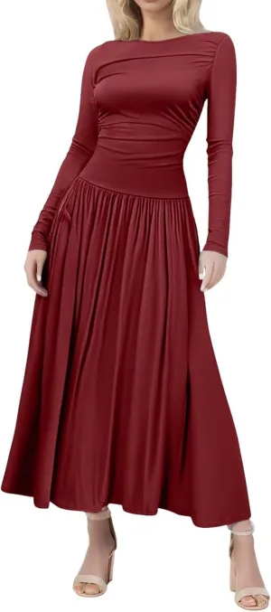 Ladies Dresses Fitted Lounge Boat Neck Long Sleeve Pleated Swing Maxi Funeral Dress Petite Summer Outfit for Women 2025