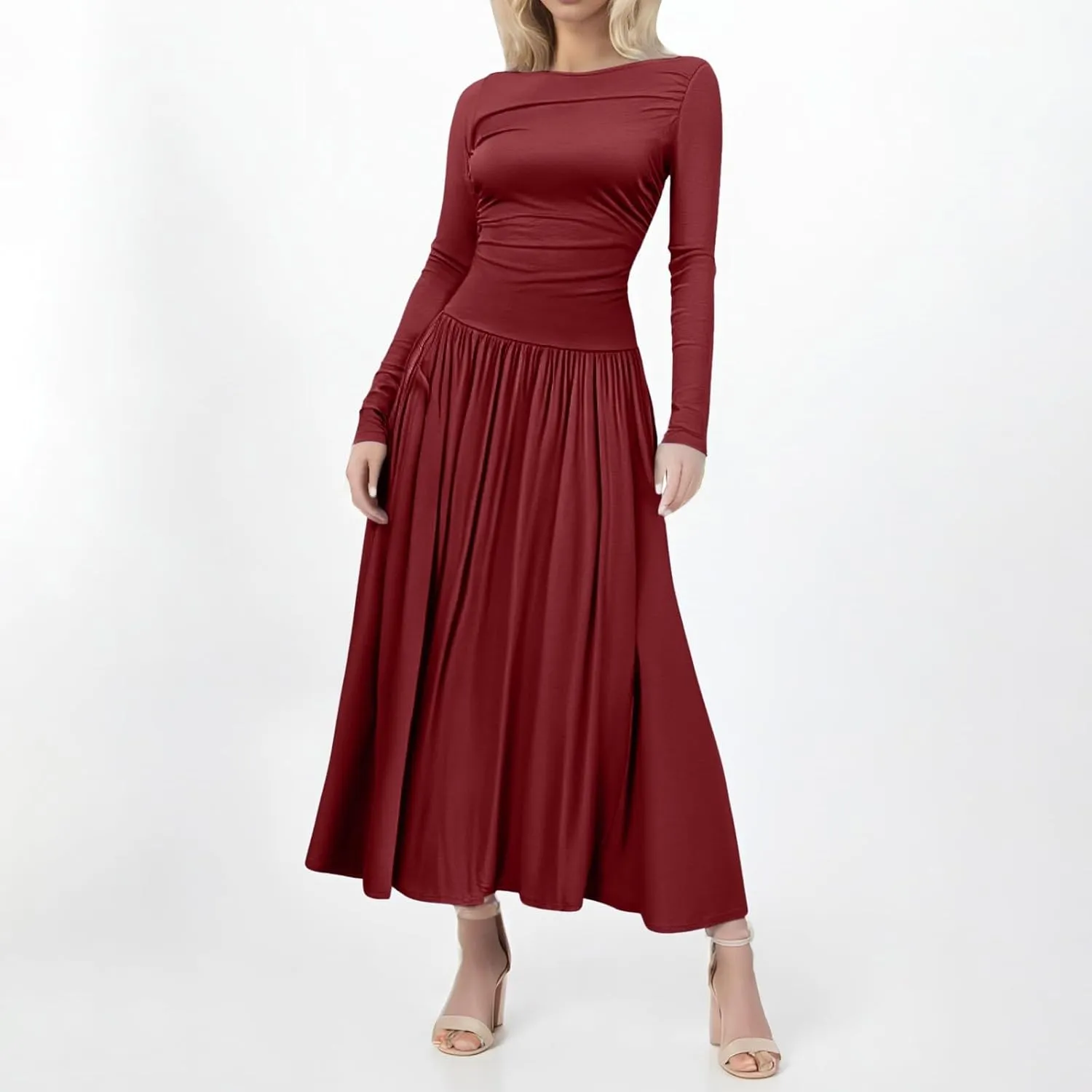 Ladies Dresses Fitted Lounge Boat Neck Long Sleeve Pleated Swing Maxi Funeral Dress Petite Summer Outfit for Women 2025