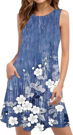 Ladies' Printed Sundress Tops 2025 Beach Wear Loose Fit Ladies Tops Crewneck Slimming Waisted Summer Outwear