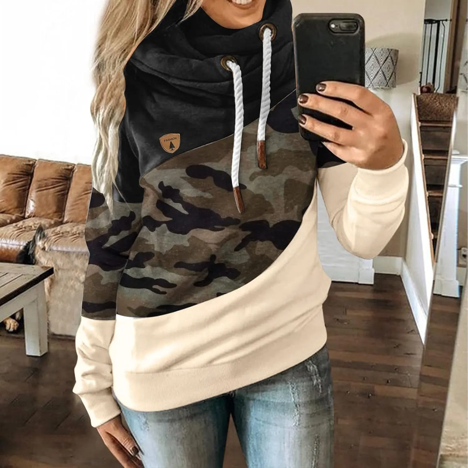 LCMTWX Sleeve Casual Hoodie Splice Contrast Long Sweatshirt Solid Strap Women Tops Women's Hoodies Sweatshirts Petite
