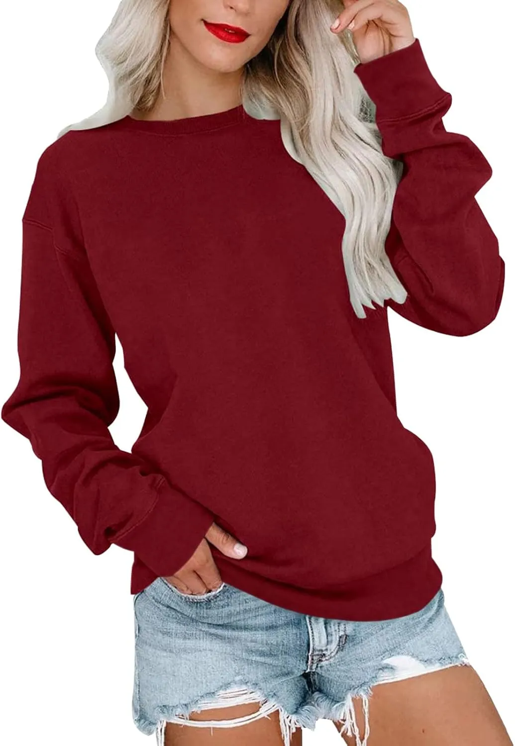 LCMTWX Womens Casual Round Neck Sweatshirt Long Sleeve Top Cute Pullovers Plus Size Loose Solid Pullover Sweater Sweatshirts