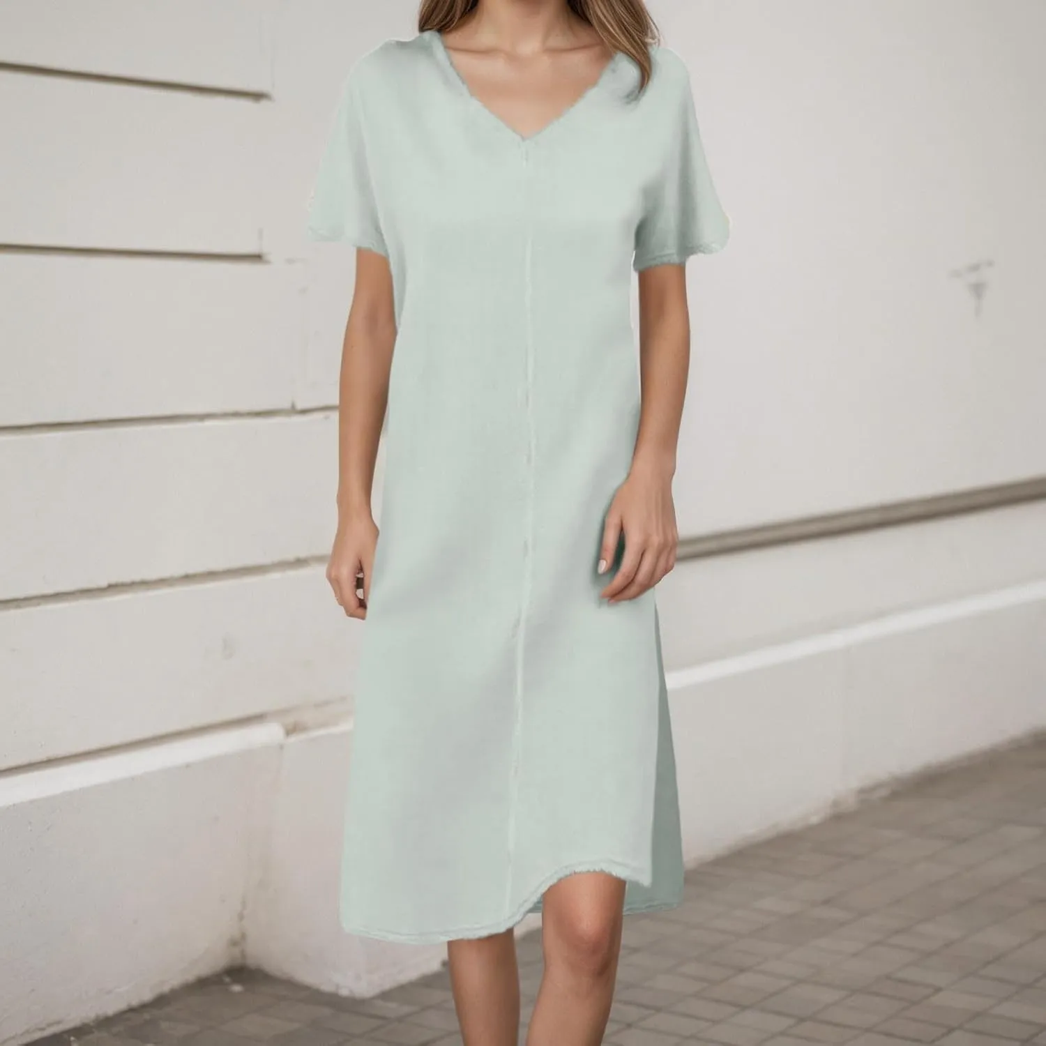 Linen Blend Dress Women Bohemian Spring Split Short Flutter Sleeve Tunic Tshirt Dress Travel Spring Break Outfit Women
