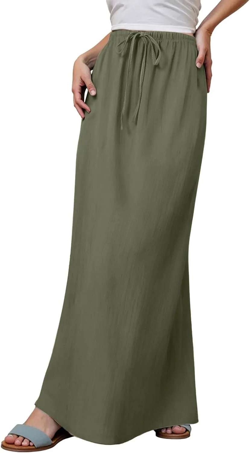 Linen Maxi Skirts for Women Trendy Summer Comfy Drawstring Waist A Line Skirts Cute Vacation Boho Long Flowy