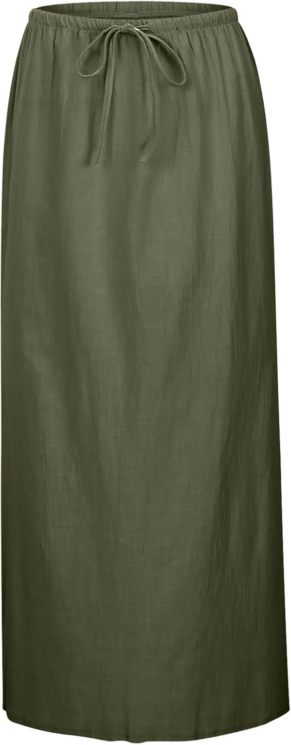 Linen Maxi Skirts for Women Trendy Summer Comfy Drawstring Waist A Line Skirts Cute Vacation Boho Long Flowy