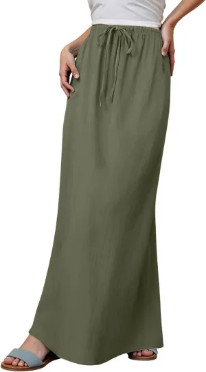 Linen Maxi Skirts for Women Trendy Summer Comfy Drawstring Waist A Line Skirts Cute Vacation Boho Long Flowy