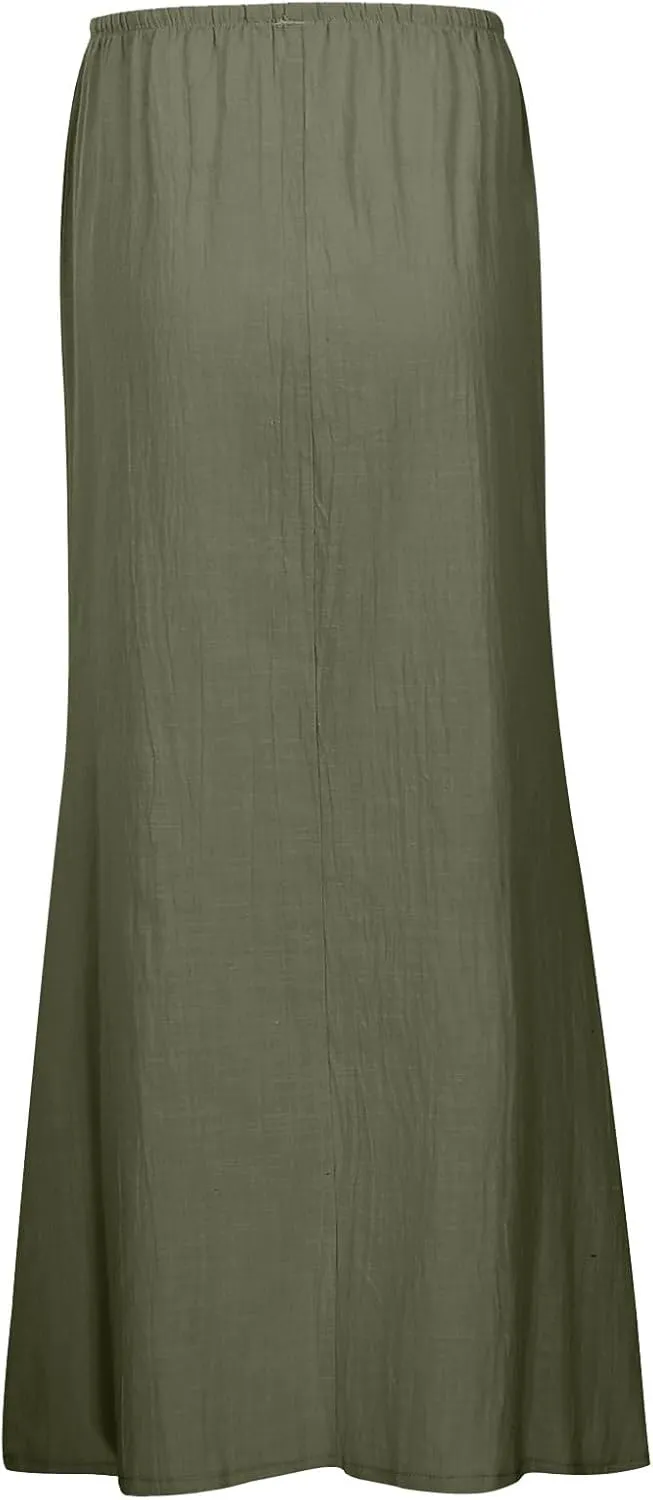 Linen Maxi Skirts for Women Trendy Summer Comfy Drawstring Waist A Line Skirts Cute Vacation Boho Long Flowy