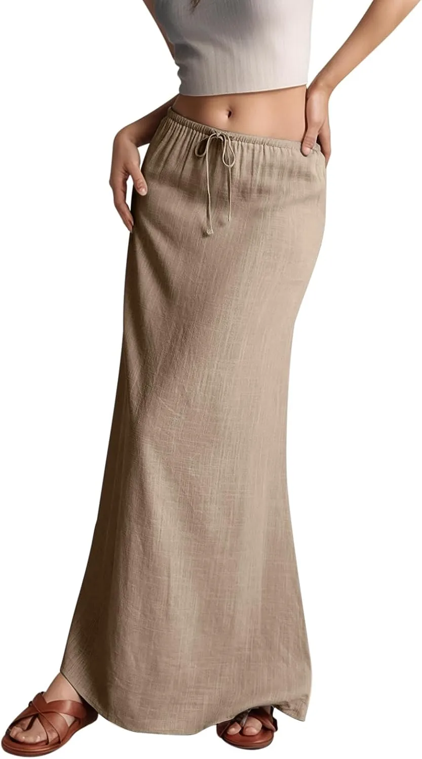Linen Maxi Skirts for Women Trendy Summer Comfy Drawstring Waist A Line Skirts Vacation Boho Flowy Ankle-Length Skirt