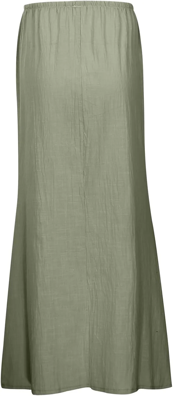 Linen Maxi Skirts for Women Trendy Summer Comfy Drawstring Waist A Line Skirts Vacation Boho Flowy Ankle-Length Skirt
