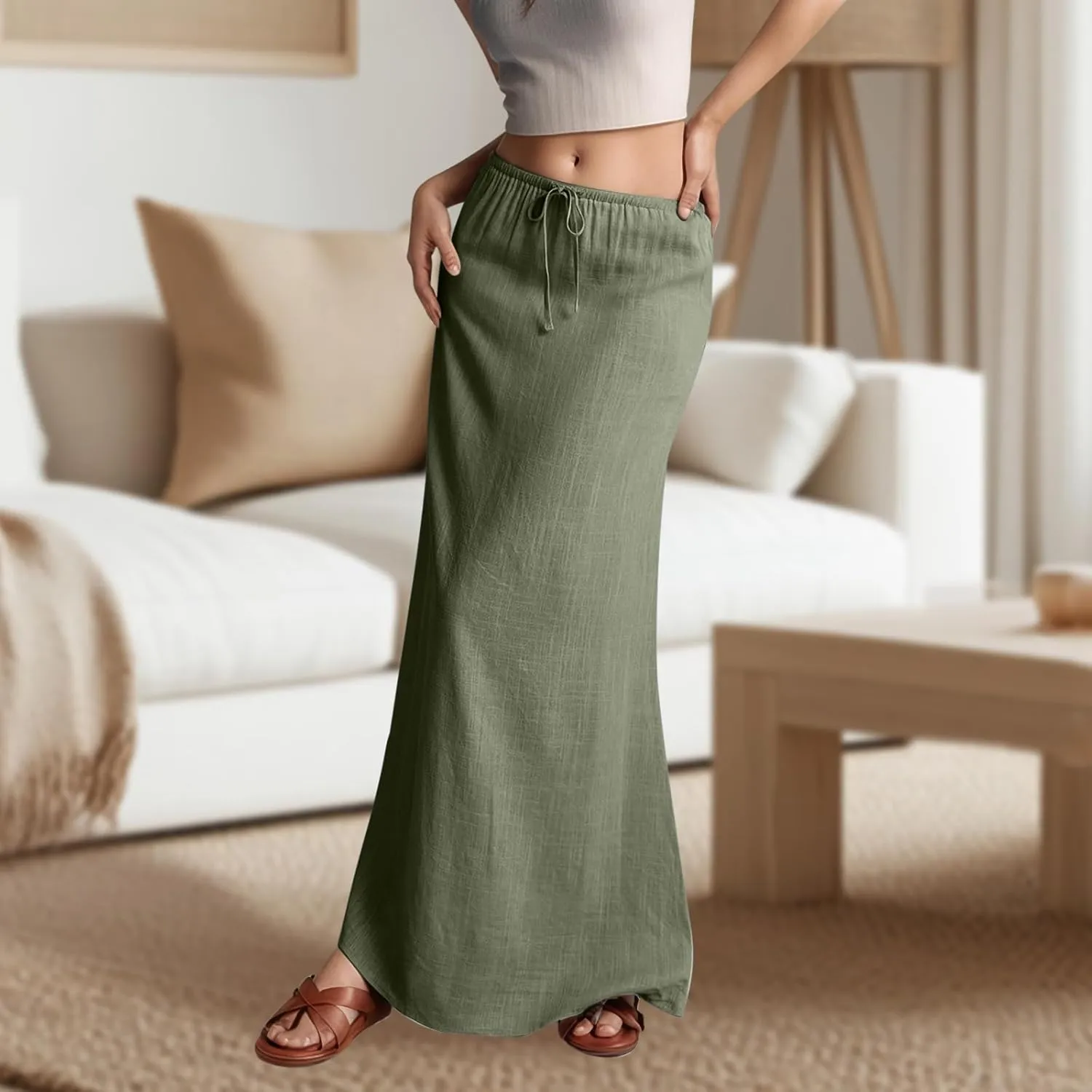 Linen Maxi Skirts for Women Trendy Summer Comfy Drawstring Waist A Line Skirts Vacation Boho Flowy Ankle-Length Skirt