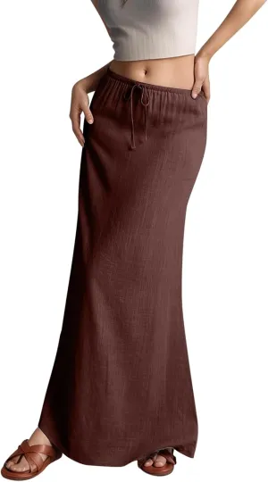 Linen Maxi Skirts for Women Trendy Summer Comfy Drawstring Waist A Line Skirts Vacation Boho Flowy Ankle-Length Skirt