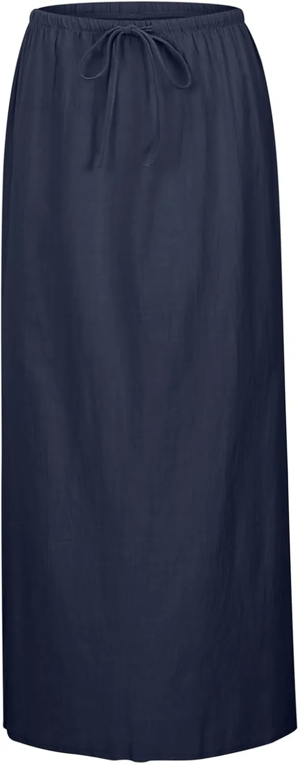 Linen Maxi Skirts for Women Trendy Summer Comfy Drawstring Waist A Line Skirts Vacation Boho Flowy Ankle-Length Skirt