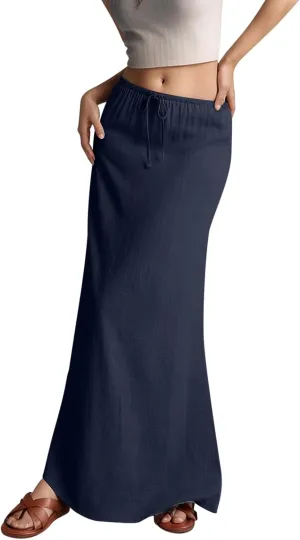 Linen Maxi Skirts for Women Trendy Summer Comfy Drawstring Waist A Line Skirts Vacation Boho Flowy Ankle-Length Skirt