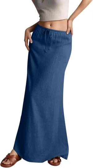 Linen Maxi Skirts for Women Trendy Summer Comfy Drawstring Waist A Line Skirts Vacation Boho Flowy Ankle-Length Skirt