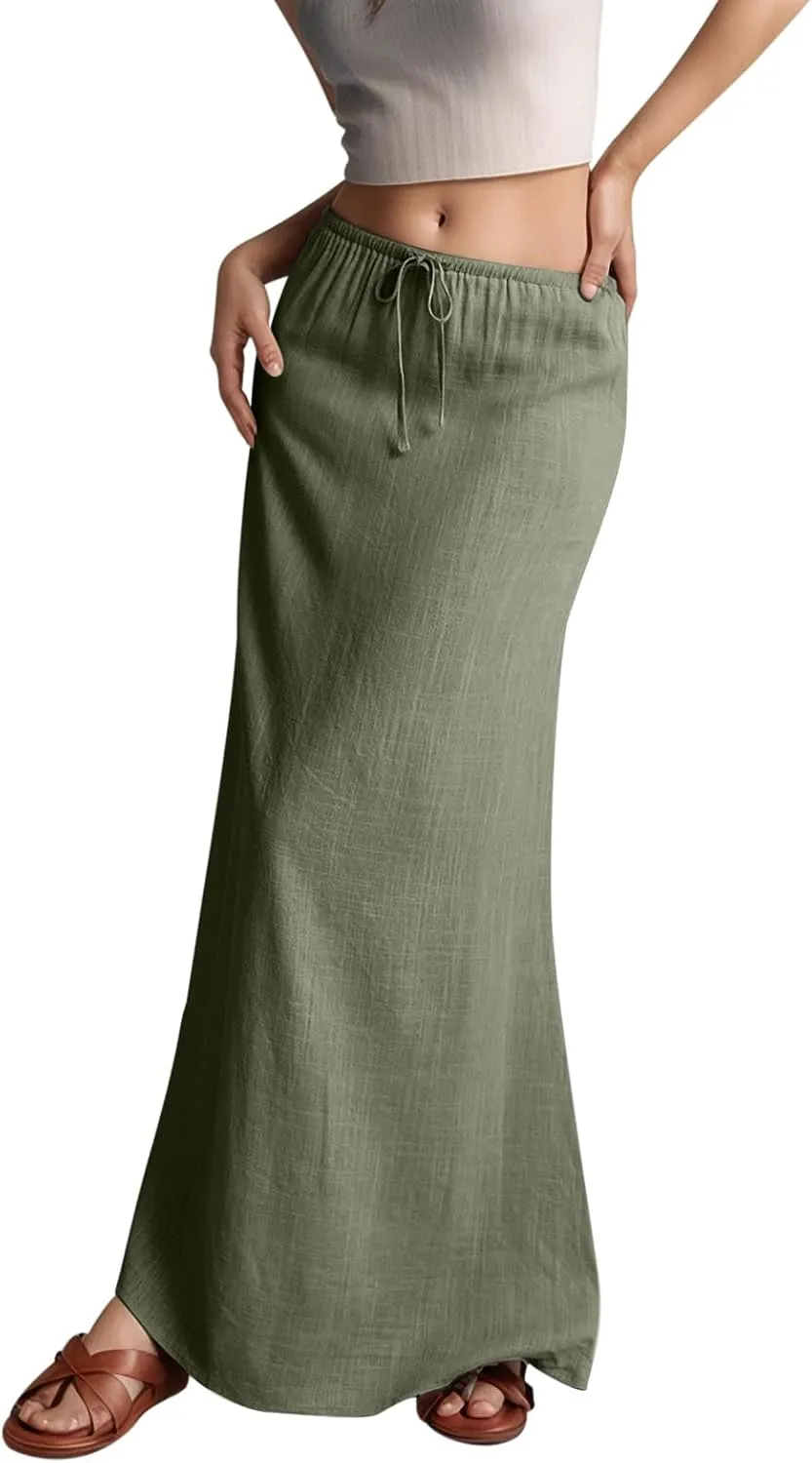 Linen Maxi Skirts for Women Trendy Summer Comfy Drawstring Waist A Line Skirts Vacation Boho Flowy Ankle-Length Skirt