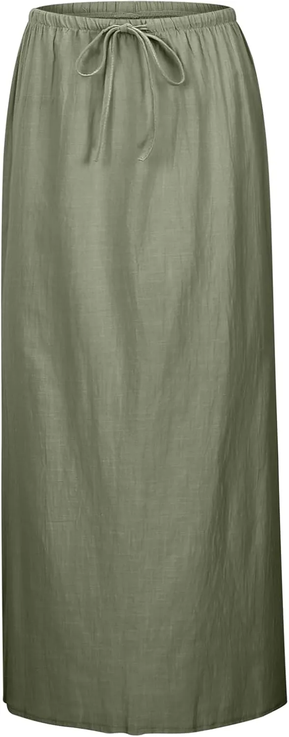 Linen Maxi Skirts for Women Trendy Summer Comfy Drawstring Waist A Line Skirts Vacation Boho Flowy Ankle-Length Skirt