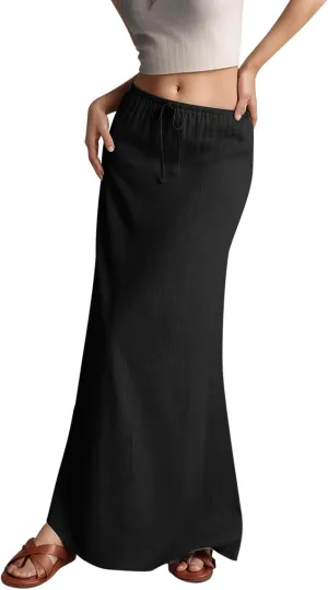 Linen Maxi Skirts for Women Trendy Summer Comfy Drawstring Waist A Line Skirts Vacation Boho Flowy Ankle-Length Skirt