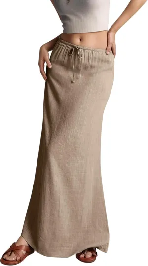 Linen Maxi Skirts for Women Trendy Summer Comfy Drawstring Waist A Line Skirts Vacation Boho Flowy Ankle-Length Skirt