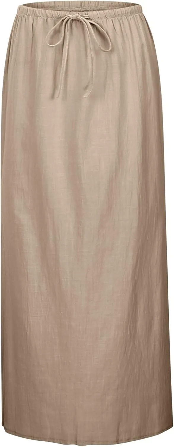 Linen Maxi Skirts for Women Trendy Summer Comfy Drawstring Waist A Line Skirts Vacation Boho Flowy Ankle-Length Skirt