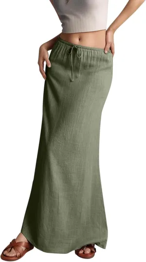 Linen Maxi Skirts for Women Trendy Summer Comfy Drawstring Waist A Line Skirts Vacation Boho Flowy Ankle-Length Skirt