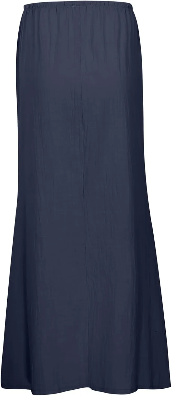 Linen Maxi Skirts for Women Trendy Summer Comfy Drawstring Waist A Line Skirts Vacation Boho Flowy Ankle-Length Skirt