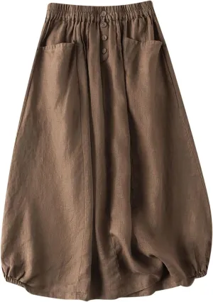 Linen Skirts for Women Button Front Elastic Waist A-Line Midi Skirt Summer Casual Flowy Swing Skirts with Pockets