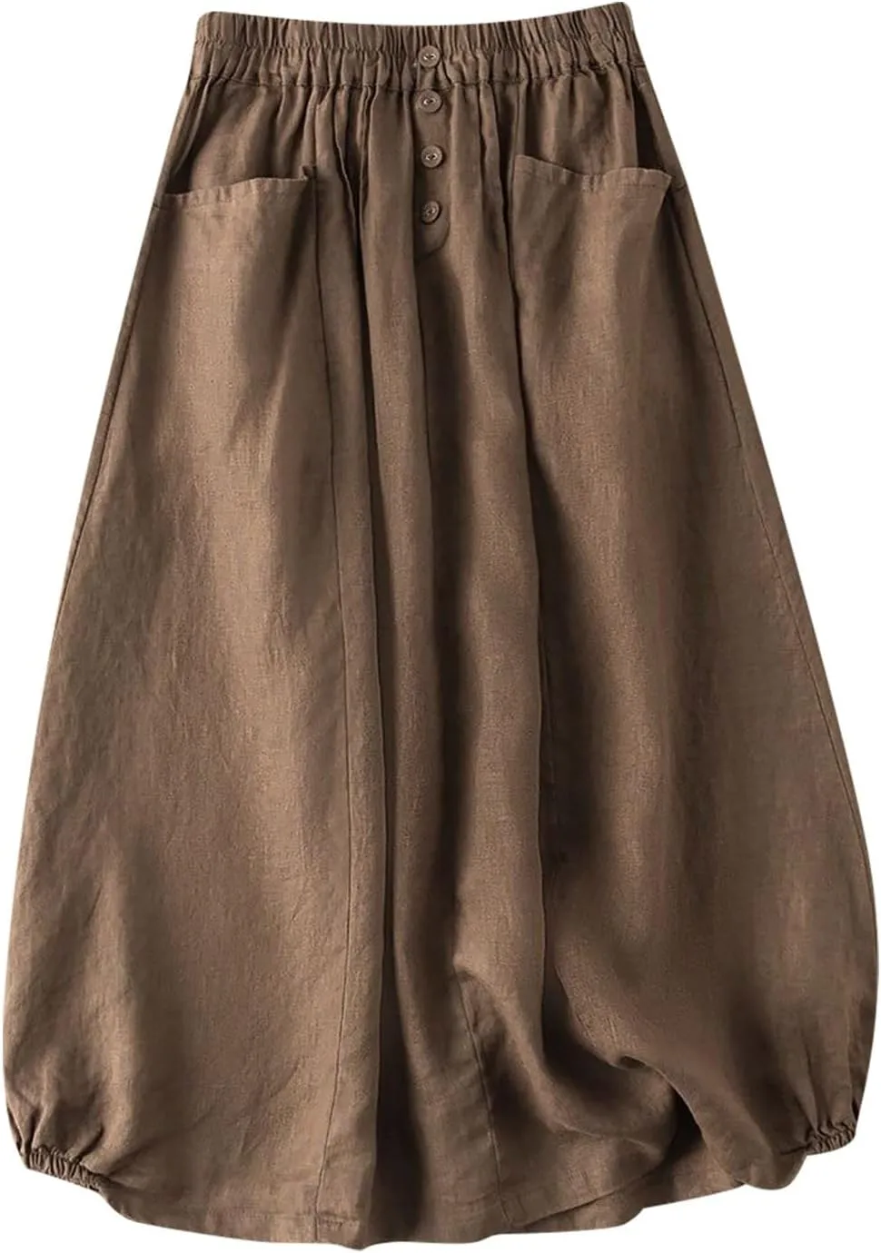 Linen Skirts for Women Button Front Elastic Waist A-Line Midi Skirt Summer Casual Flowy Swing Skirts with Pockets