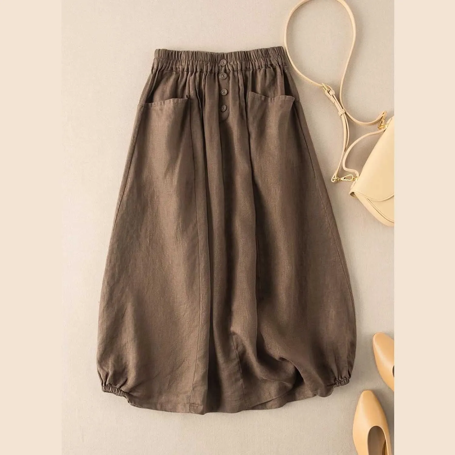 Linen Skirts for Women Button Front Elastic Waist A-Line Midi Skirt Summer Casual Flowy Swing Skirts with Pockets