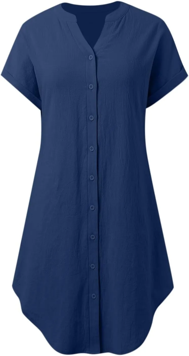 Linen Summer Dresses for Women Fashion Boho Cotton Vacation Dress Evening Party Summer Button Down Tunic Shirts