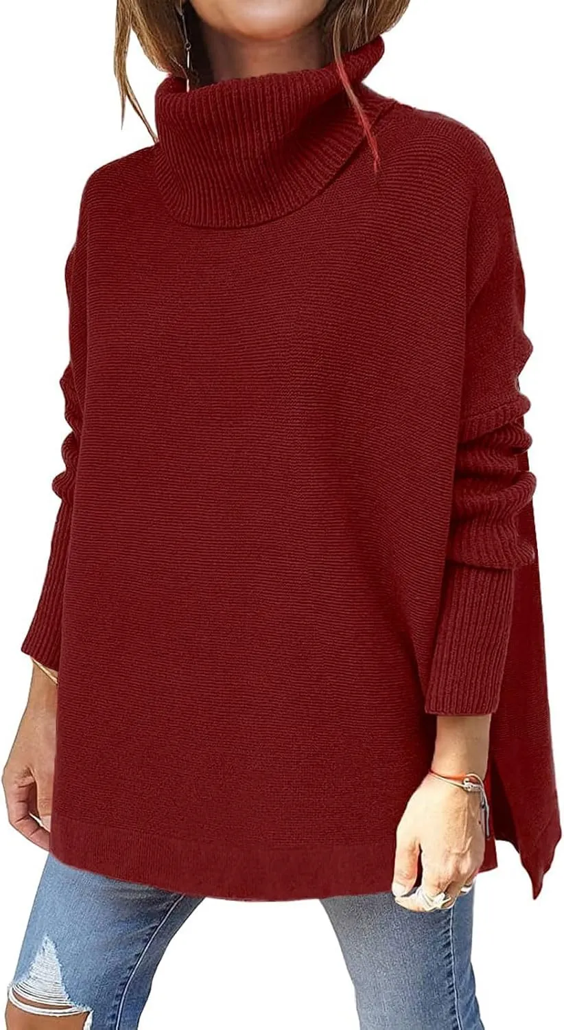 LOAIHA Turtleneck Sweaters for Women Batwing Sleeve Spilt Pullover Sweater Chunky Knit Jumper 2024 Fall Winter Outfits
