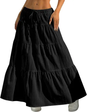 Long Flowy Skirts for Women Summer Boho Smocked Elastic Wasited Drawstring Tiered Ruffle A Line Beach Skirt