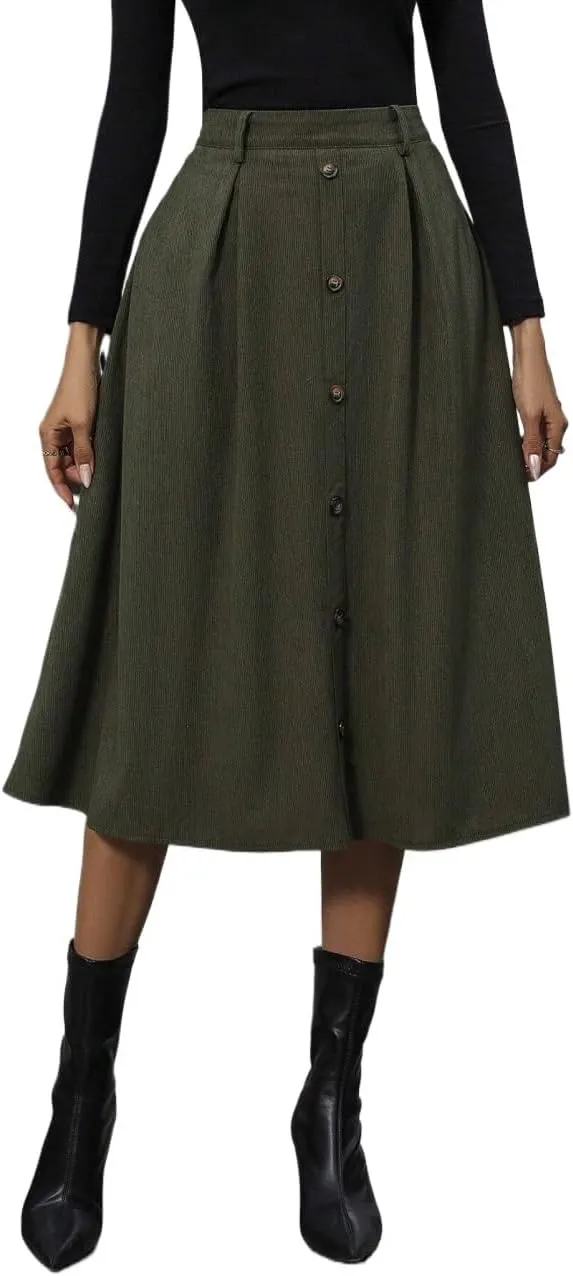 Long Midi Skirts For Women Button Front Long Skirt Without Belt High Waist