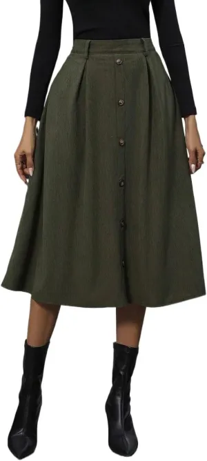 Long Midi Skirts For Women Button Front Long Skirt Without Belt High Waist