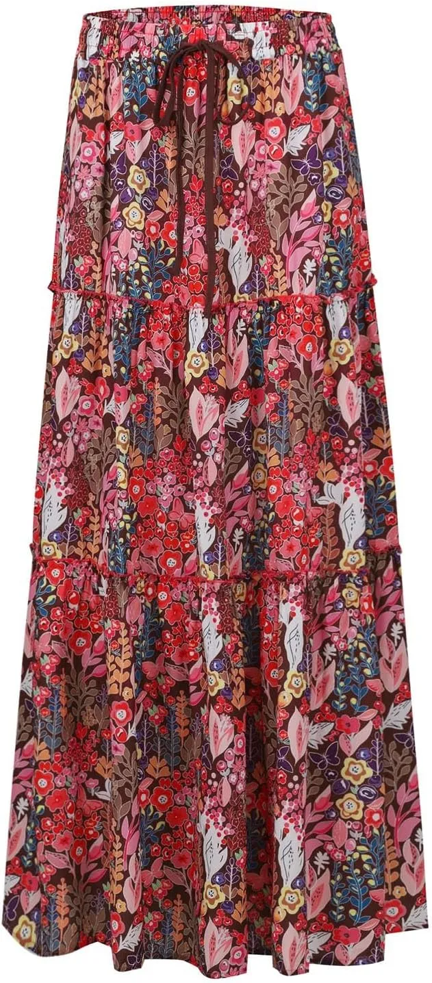 Long Skirts for Women Trendy Pleated Maxi Skirt Casual Drawstring High Waisted Flowy Tiered Long Skirt with Pockets