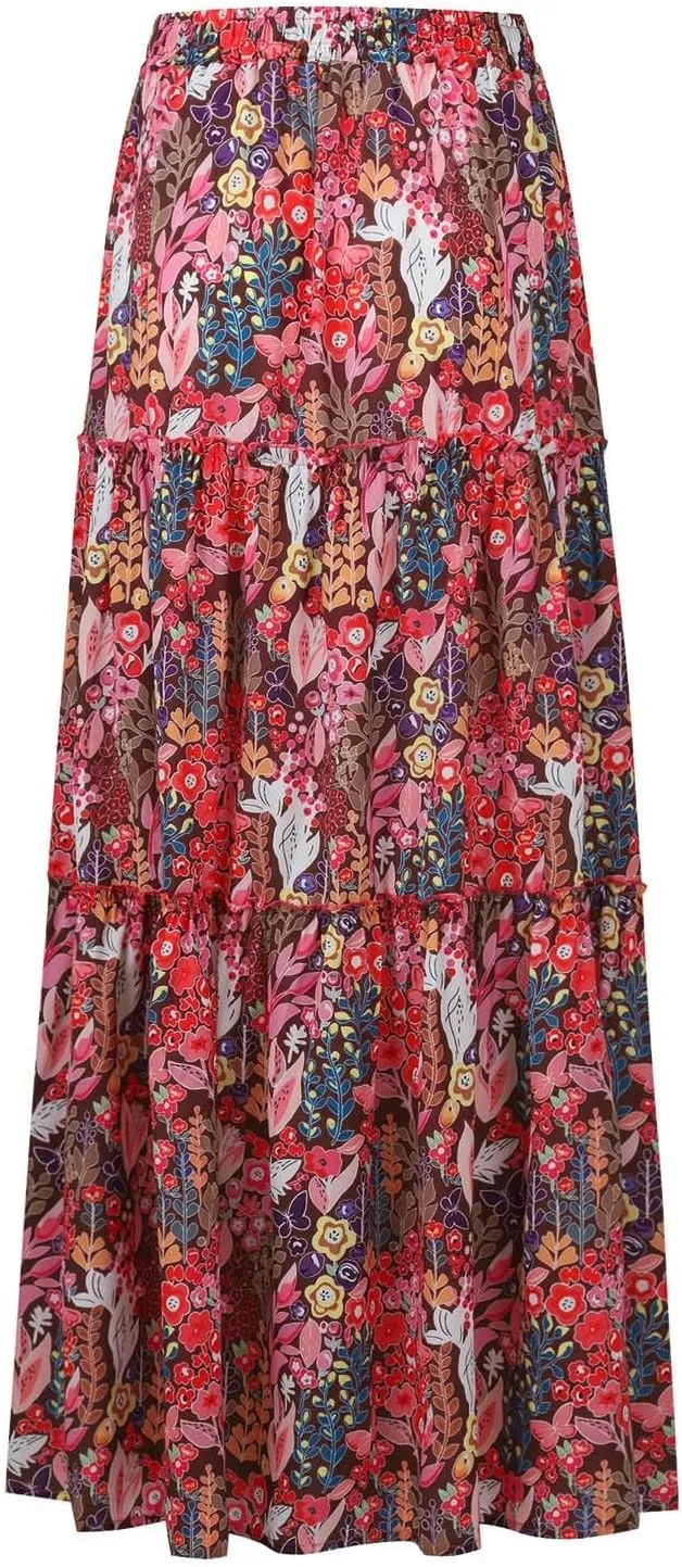 Long Skirts for Women Trendy Pleated Maxi Skirt Casual Drawstring High Waisted Flowy Tiered Long Skirt with Pockets