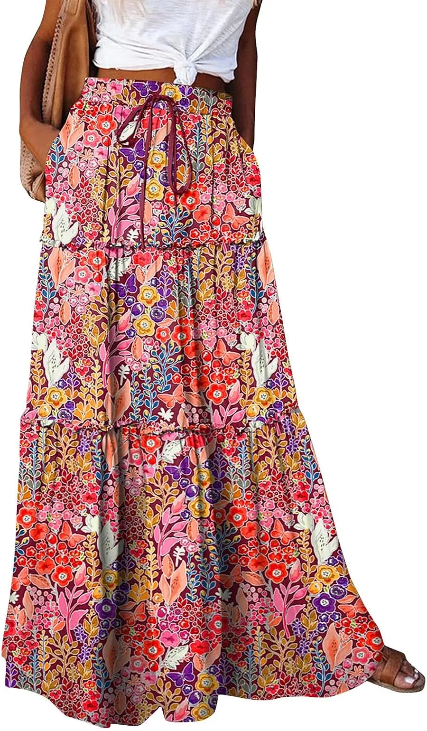 Long Skirts for Women Trendy Pleated Maxi Skirt Casual Drawstring High Waisted Flowy Tiered Long Skirt with Pockets
