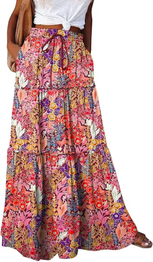 Long Skirts for Women Trendy Pleated Maxi Skirt Casual Drawstring High Waisted Flowy Tiered Long Skirt with Pockets