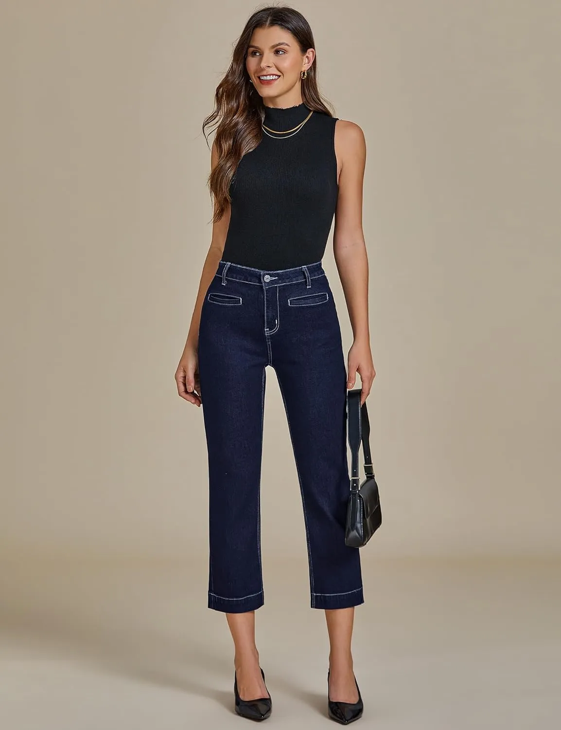 luvamia Capri Jeans for Women High Waisted Slim Straight Stretchy Denim Capris Pants Welt Pockets Casual Cropped Jeans