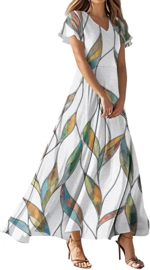 Maxi Dresses for Women 2025 Short Sleeve Summer Dress Casual V Neck Spring Fashion Sundress Floral Long Dress