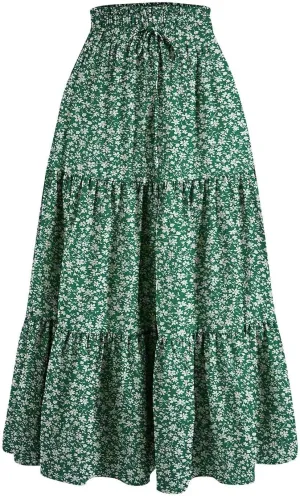 Maxi Skirts for Women High Waisted Tiered A Line Long Skirt Drawstring Flowy Floral Pleated Summer Skirt with Pockets