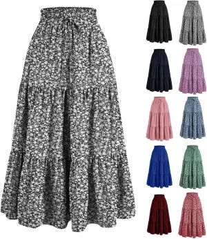 Maxi Skirts for Women Trendy Summer A Line Long Skirt Drawstring High Waisted Tiered Flowy Pleated Skirt with Pockets