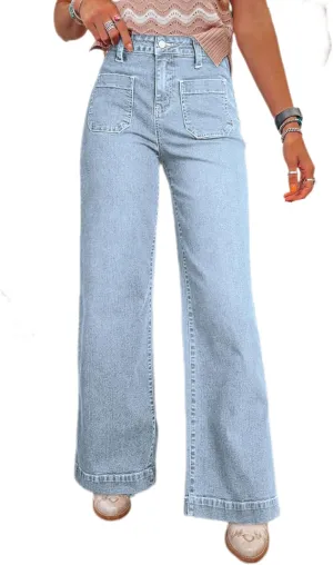 Melliflo High Rise Wide Leg Jeans Front Pockets Y2K Baggy Denim Pants for Women Trendy Straight Leg Trouser Jeans