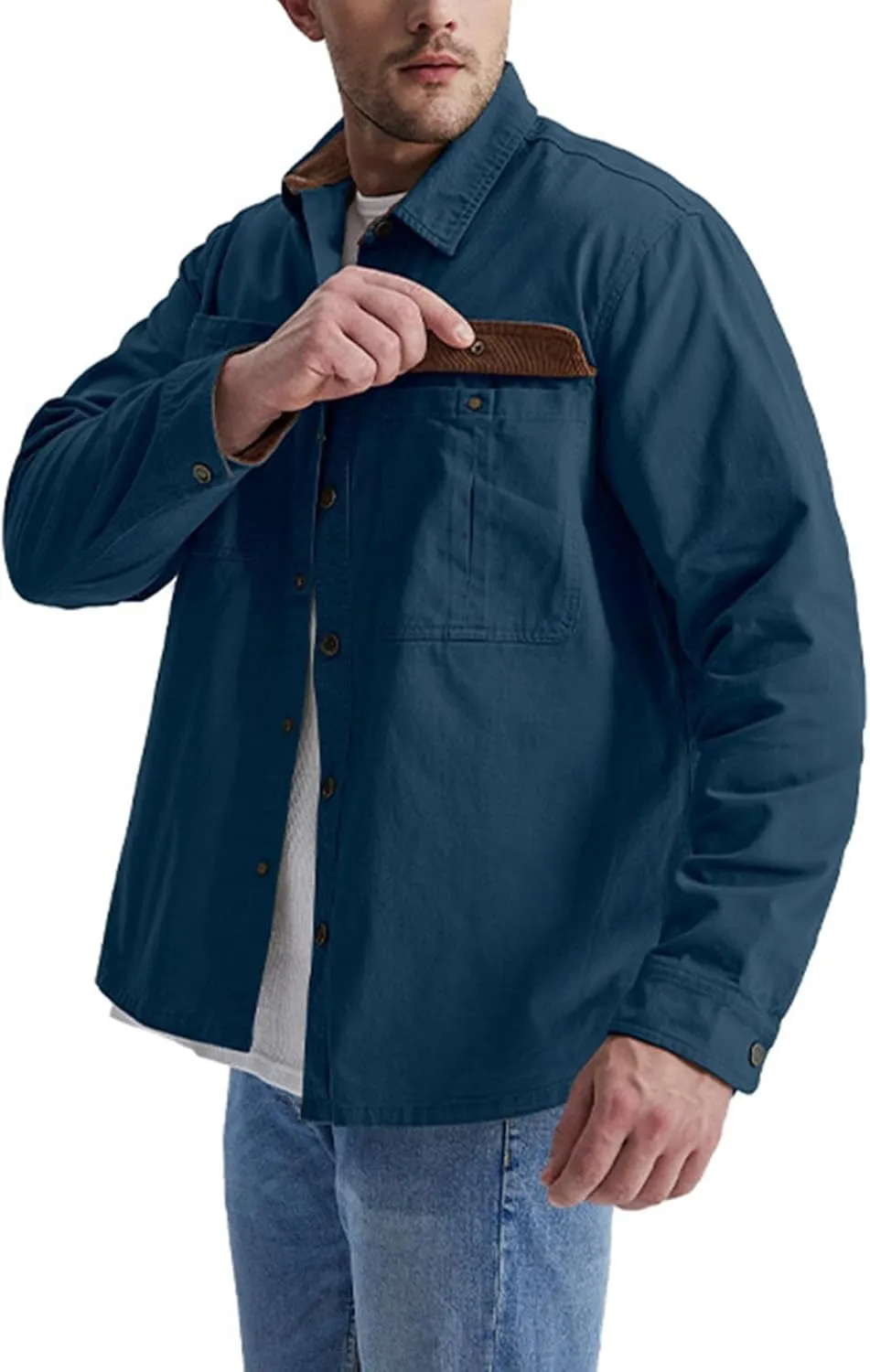 Men Cotton Shirt Casual Long Sleeve Metal Buttons Dress Shirts Stylish Colorblock Work Blouse Tees with Chest Pockets
